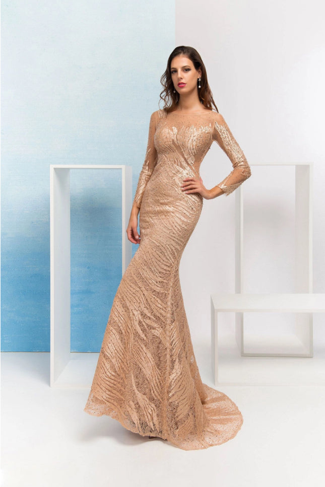 Ollivia long sleeve Gold fishtail dress Aphrodite Malta