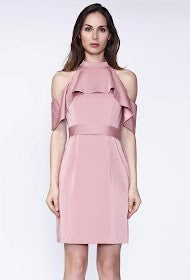 Fitted dress with wide ruffles, high neck and bare shoulders