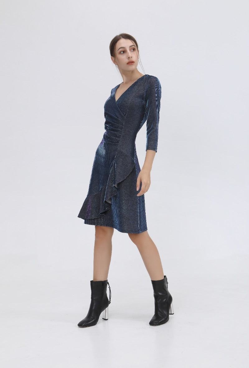 Moire skater dress with crossed heart effect and ruffles