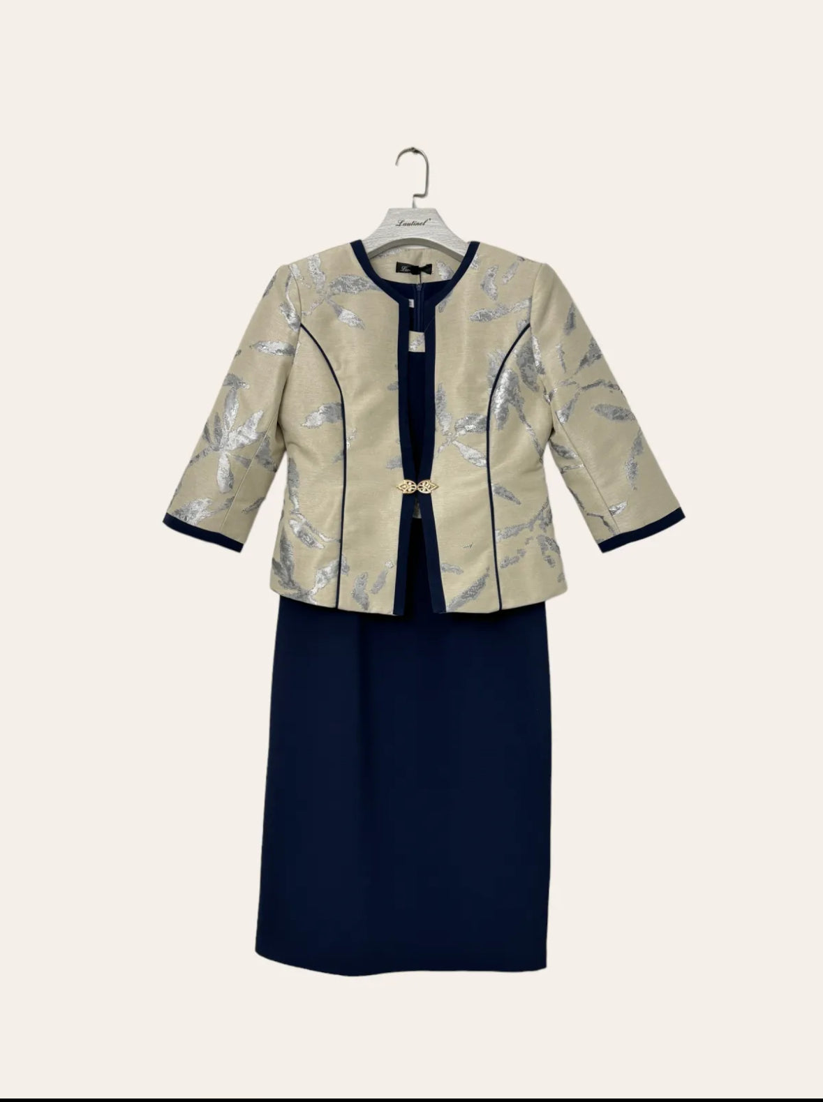 Navy Blue and Beige, 2 Piece Blazer Set with Midi Dress