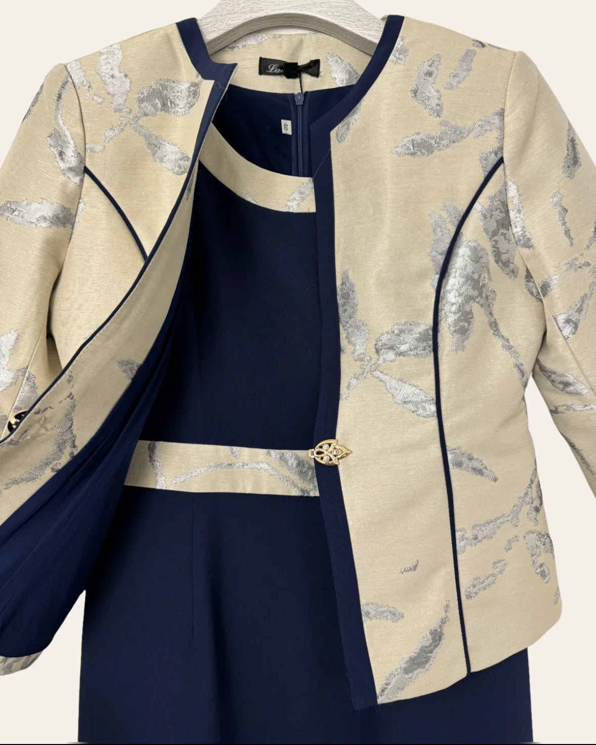 Navy Blue and Beige, 2 Piece Blazer Set with Midi Dress