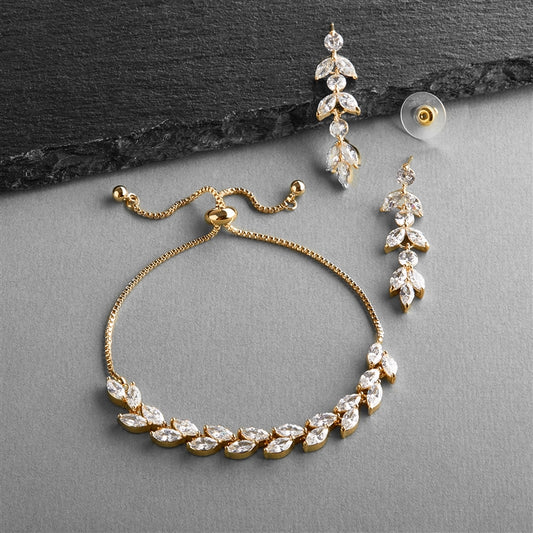 CZ Bracelet & Dangle Earrings Set for Weddings - 14K Gold plated with Adjustable Slider Chain 4621BS-G