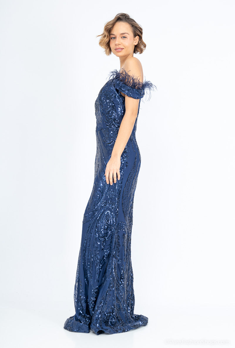 Long Blue off- the- shoulder  Sequined Evening Dress