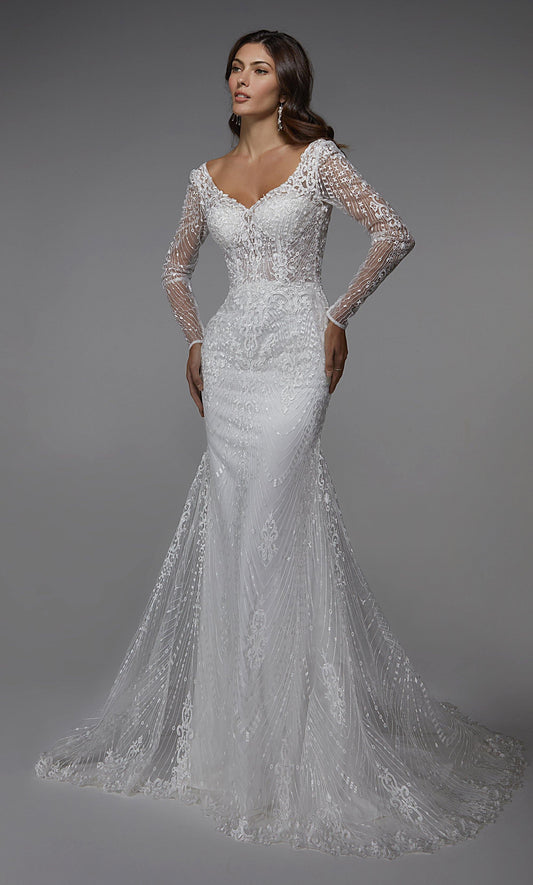 Long Sleeve  Bridal Gown, V-neck, Fit and  Flare dress