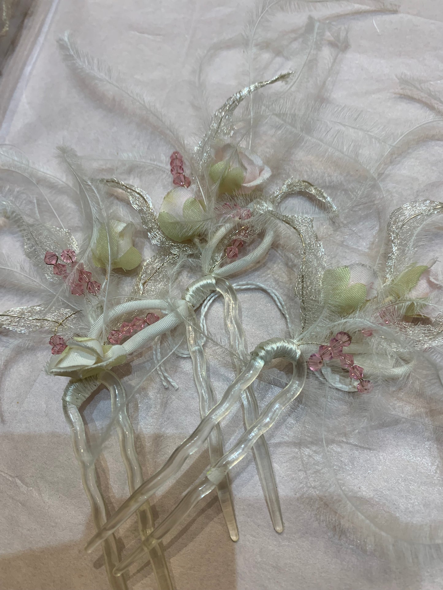 Pink flowers, Swarovski crystals with silver leaf and feathers hair pin