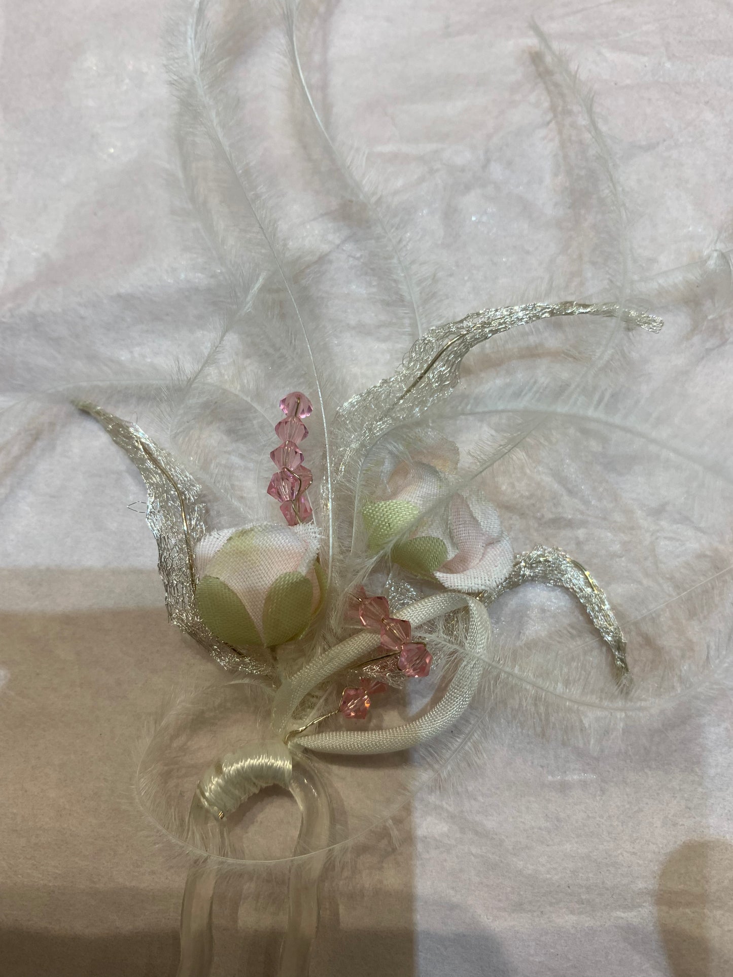 Pink flowers, Swarovski crystals with silver leaf and feathers hair pin