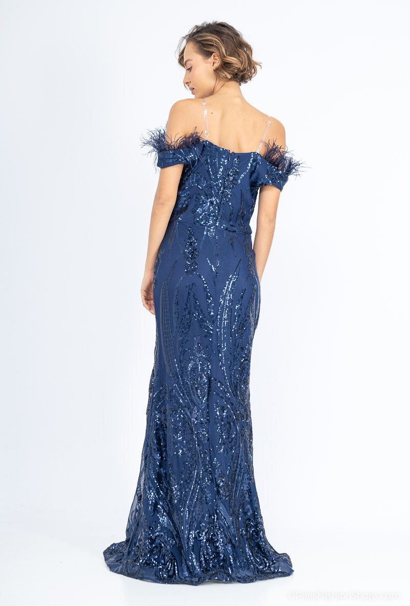 Long Blue off- the- shoulder  Sequined Evening Dress