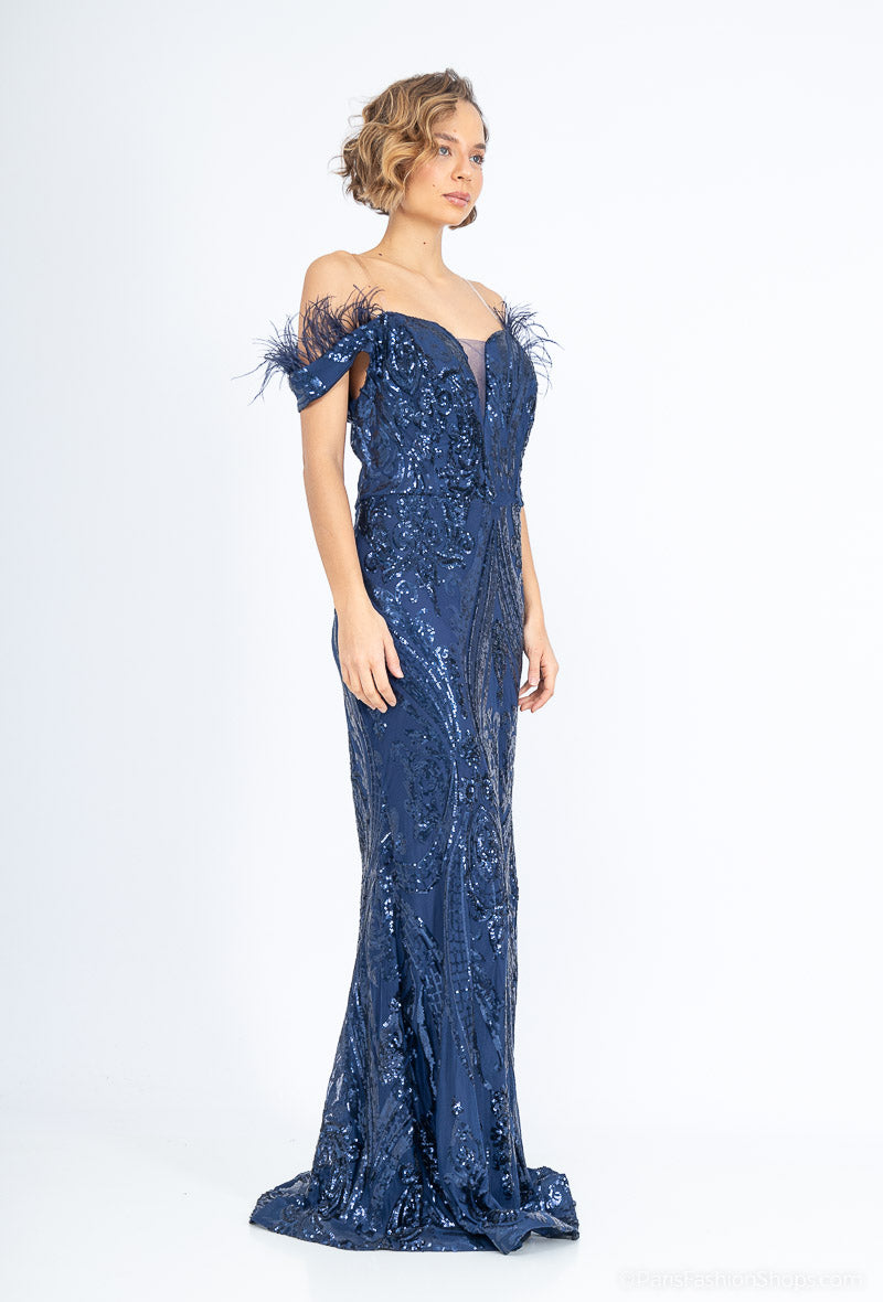 Long Blue off- the- shoulder  Sequined Evening Dress