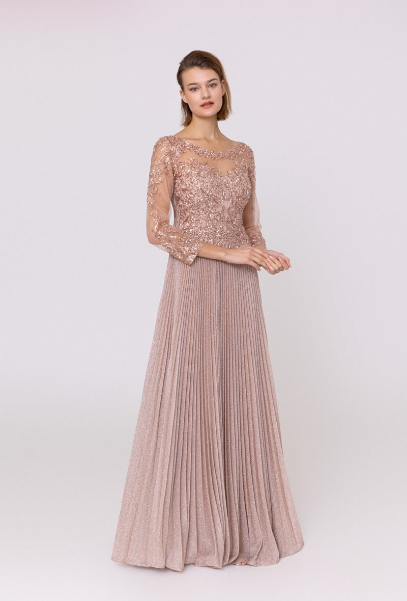 Evening dress with illusion necklace and pleated skirt