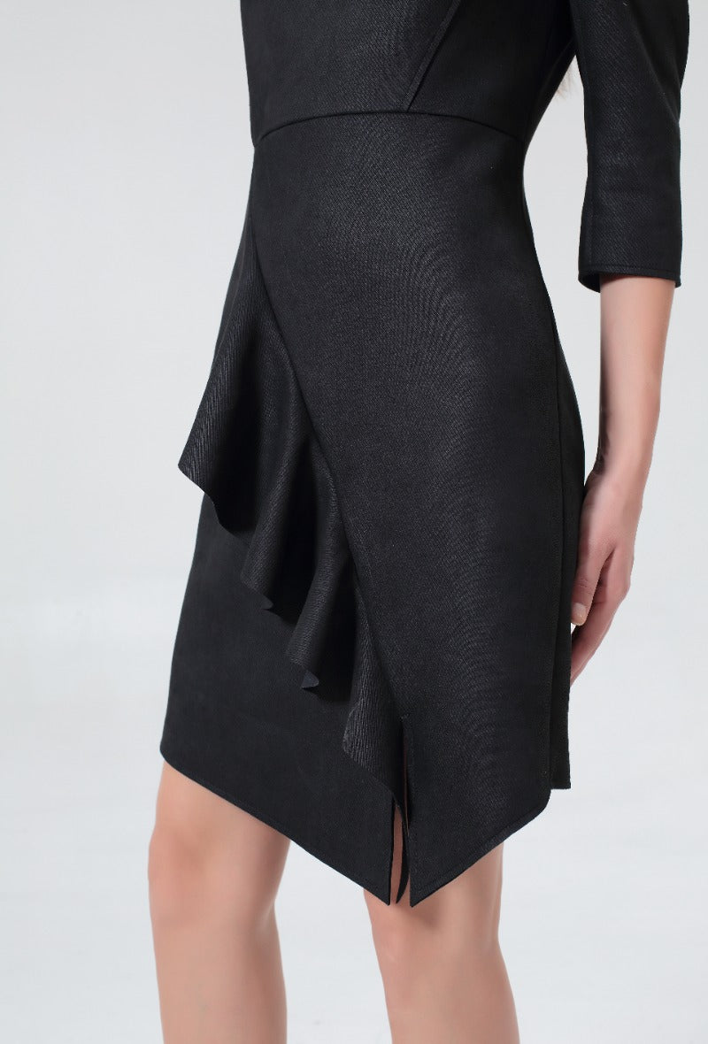 Fitted structure dress with front ruffle in stretch suede, little black dress