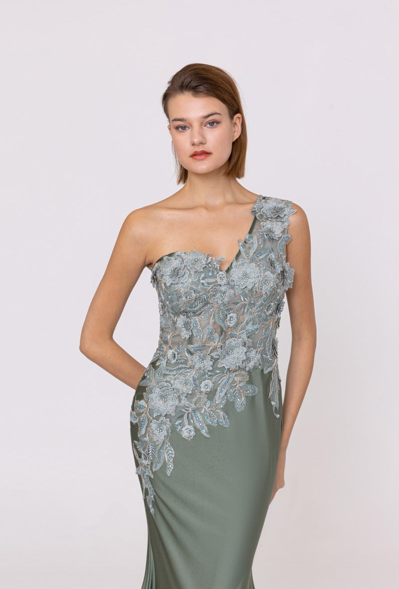 One shoulder  Kaki evening dress