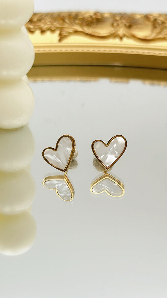 STAINLESS STEEL MOTHER OF PEARL HEART CHIP EARRINGS