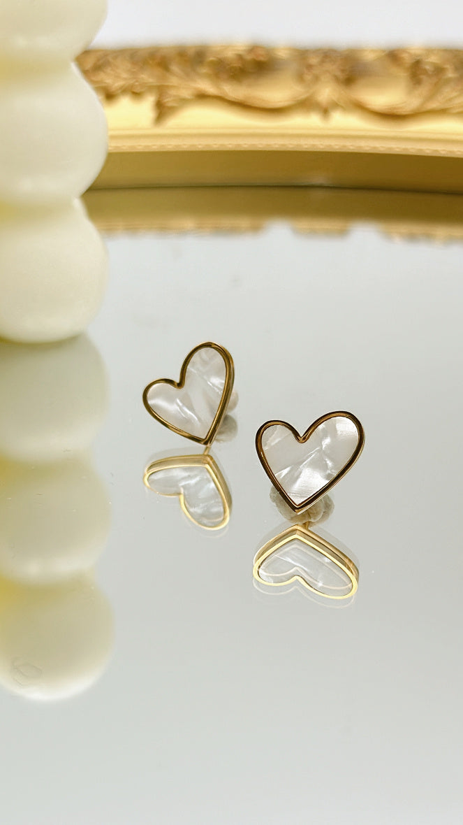 STAINLESS STEEL MOTHER OF PEARL HEART CHIP EARRINGS