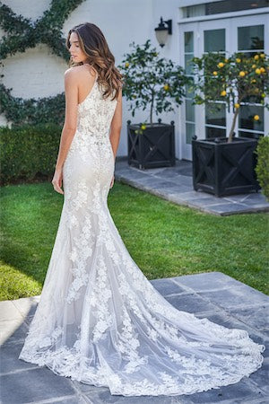 Sexy Rustic Slim Gown with Front Slit and Diamond Shape Back