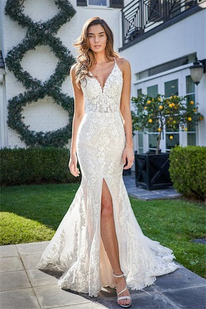 Sexy Rustic Slim Gown with Front Slit and Diamond Shape Back