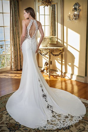 Beautiful Sleek  Crepe Fit and Flare Gown with High Halter Neckline and Open Back