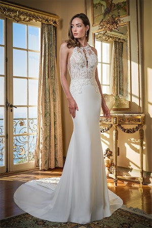 Beautiful Sleek  Crepe Fit and Flare Gown with High Halter Neckline and Open Back