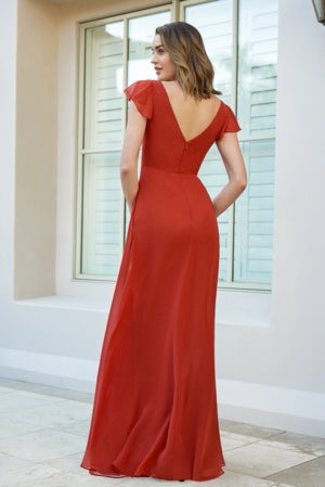 Pretty Poly Chiffon Gown with V Front and Back Necklines with Delicate Flutter Sleeves