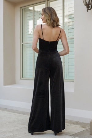 Fashionable Stretch Velvet Jumpsuit with Plunging V Front Neckline and Comfortable Waistband with Pockets