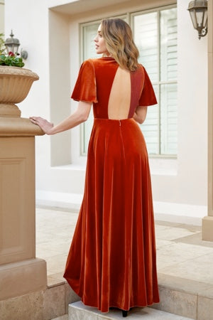 Gorgeous A-line Stretch Velvet Dress with Flutter Sleeves and Sexy Diamond Shaped Back Opening