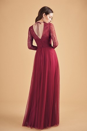 Boat Neckline Lace & Soft Tulle Long Bridesmaid Dress with Long Sleeves