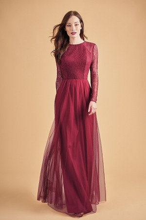 Boat Neckline Lace & Soft Tulle Long Bridesmaid Dress with Long Sleeves