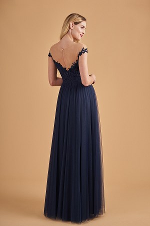 Illusion Jewel Neckline Lace & Soft Tulle Long Bridesmaid Dress