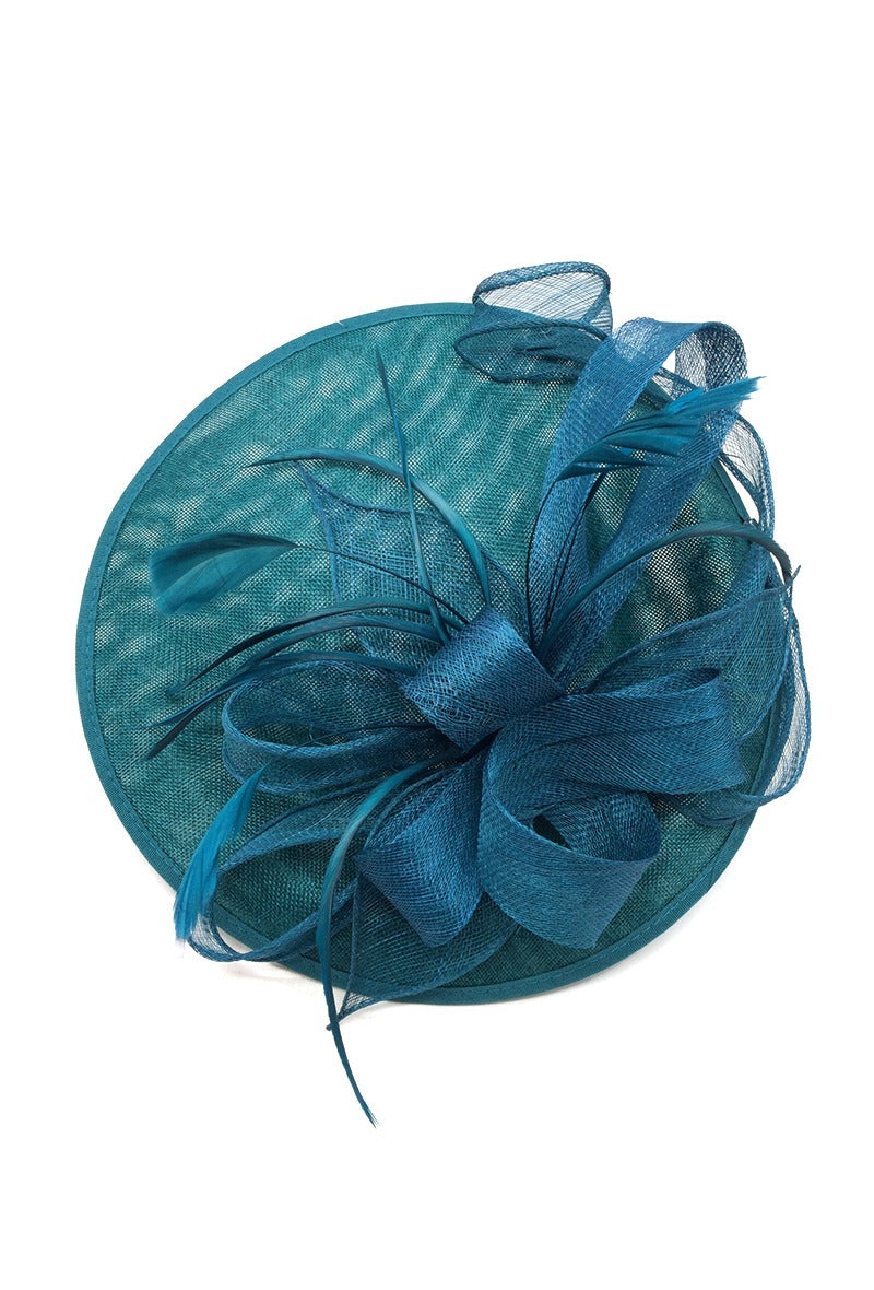 Teal Round Disc Fascinator Headband with feather.