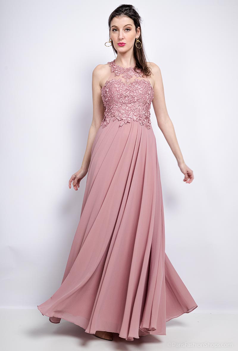 Bridesmaid dress with  Lace, Halter top and long  Chiffon skirt