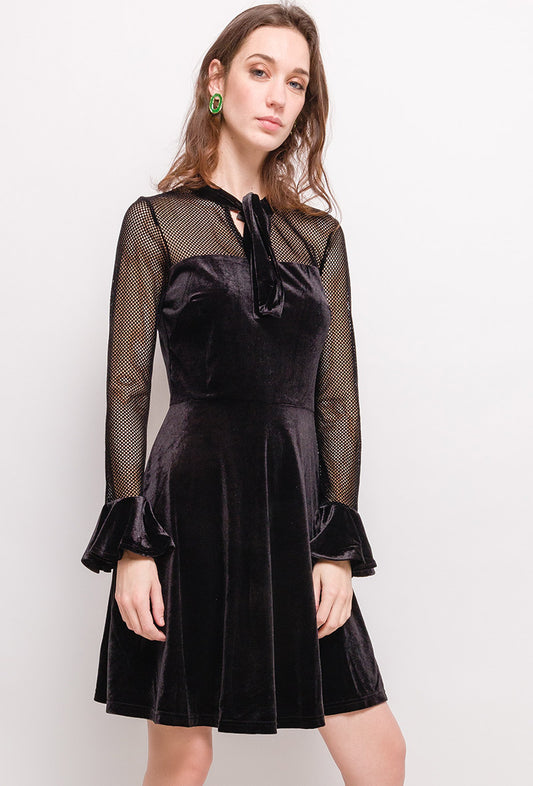 Long sleeve Velvet and net Black dress