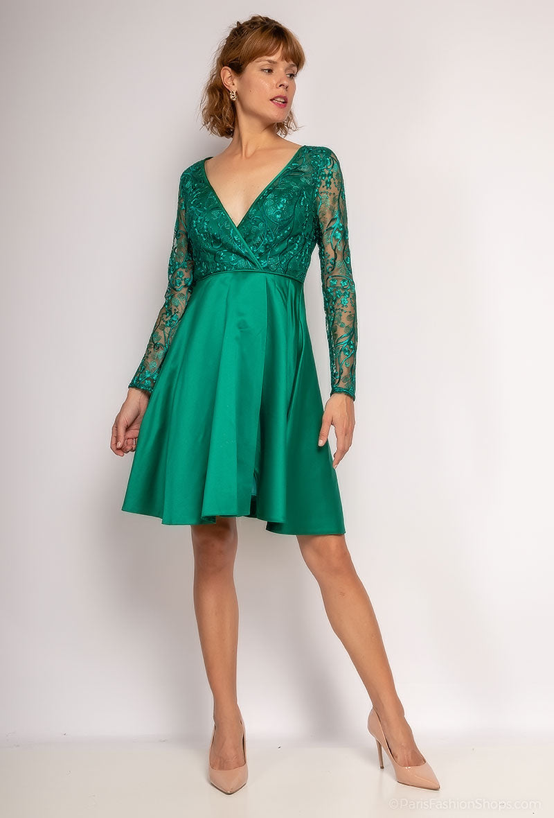 Short Satin and Lace long sleeve dress