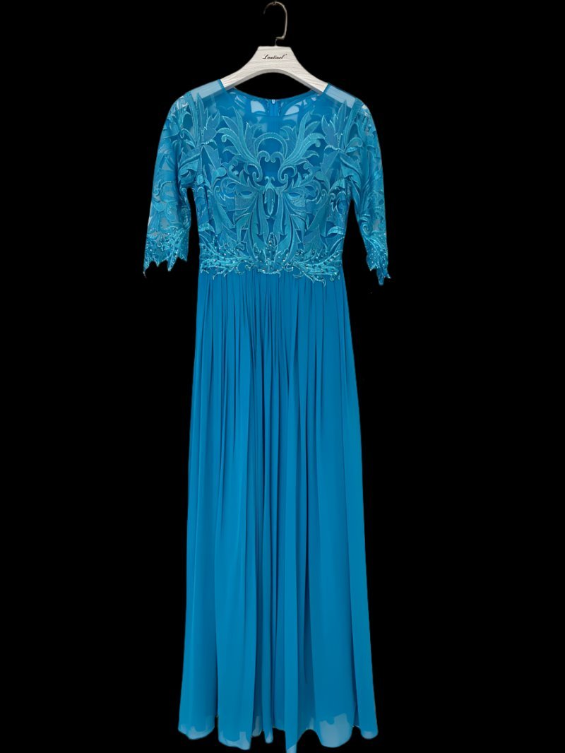 Long Chiffon, with cut out Embroidery bodice with 3/4 Sleeves