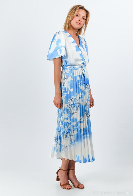 Satin white and blue pleated dress