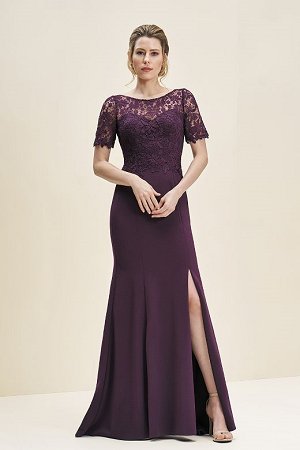 Sea Glass Long Boat Neckline Lace & Stretch Crepe MOB Dress with Slit