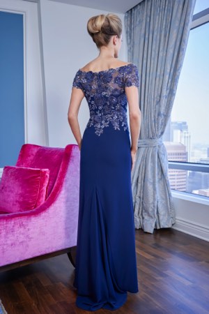 Embroidery Lace Portrait Neckline Flare Gown with Sweep Train