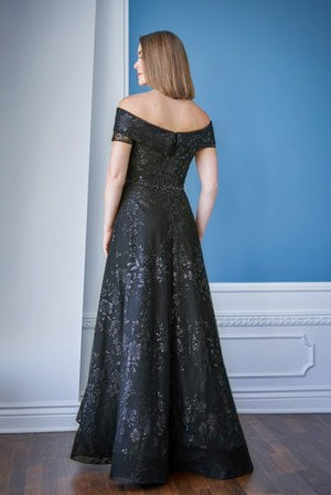 Silver Sequin Tulle Off the Shoulder Fold Over Cuff Neckline with Hand Beaded Waistband and Horsehair Hem Trim