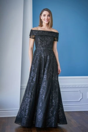 Silver Sequin Tulle Off the Shoulder Fold Over Cuff Neckline with Hand Beaded Waistband and Horsehair Hem Trim