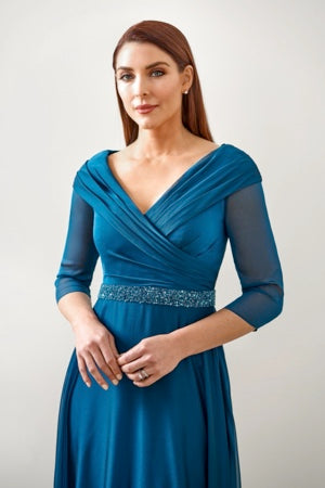 Romantic Jade Tiffany Chiffon Dress with Gathered Boat Neckline and Luxurious Hand Beaded Waistband