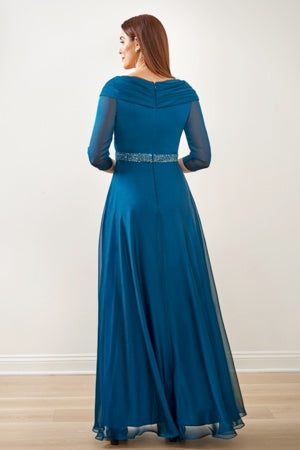 Romantic Jade Tiffany Chiffon Dress with Gathered Boat Neckline and Luxurious Hand Beaded Waistband