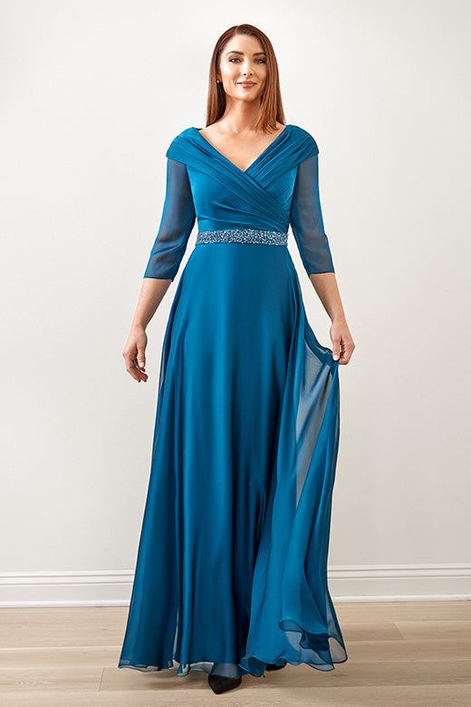 Romantic Jade Tiffany Chiffon Dress with Gathered Boat Neckline and Luxurious Hand Beaded Waistband