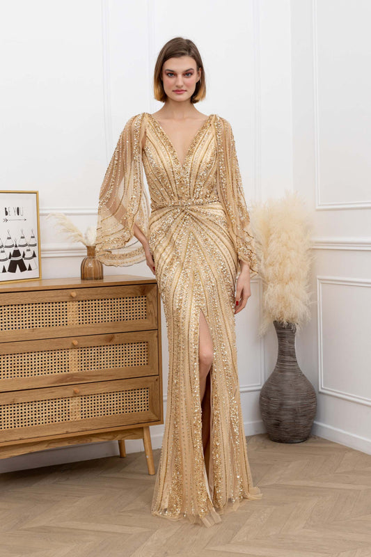 Hand Beaded Gold Long evening dress