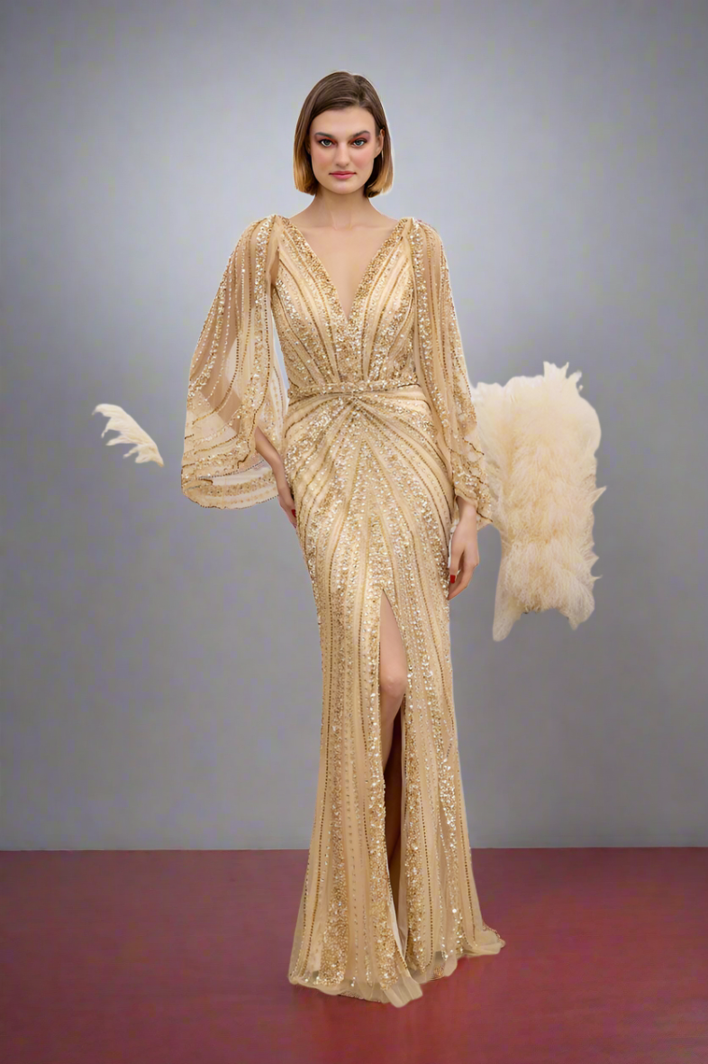 Hand Beaded Gold Long evening dress