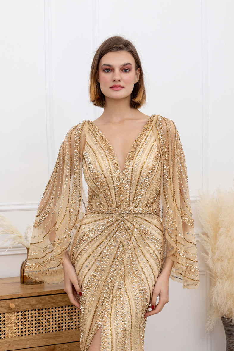 Hand Beaded Gold Long evening dress