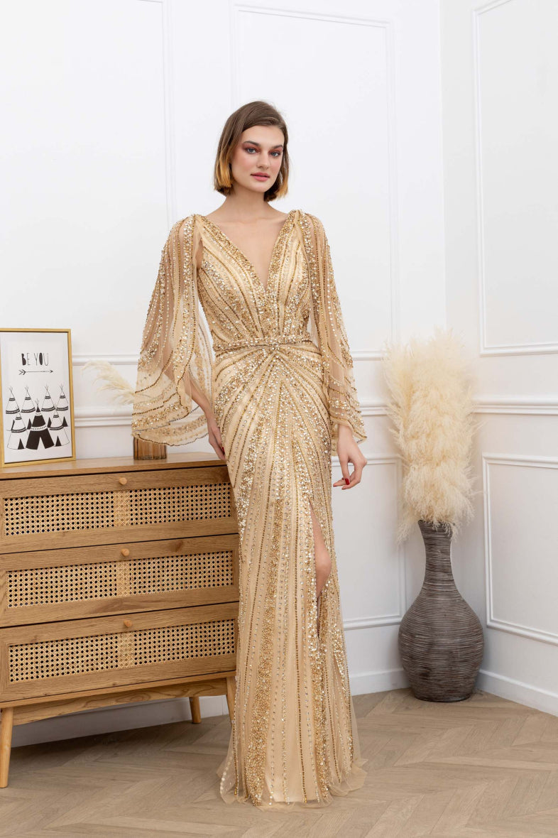 Hand Beaded Gold Long evening dress