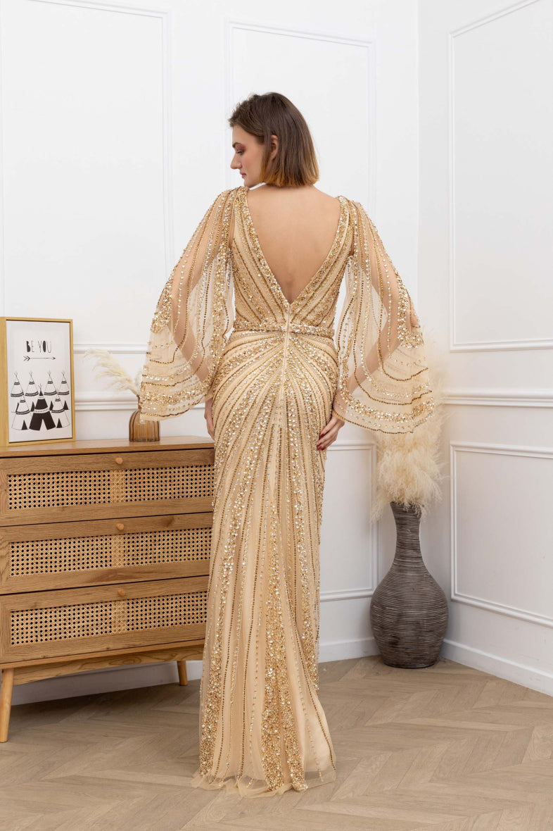 Hand Beaded Gold Long evening dress