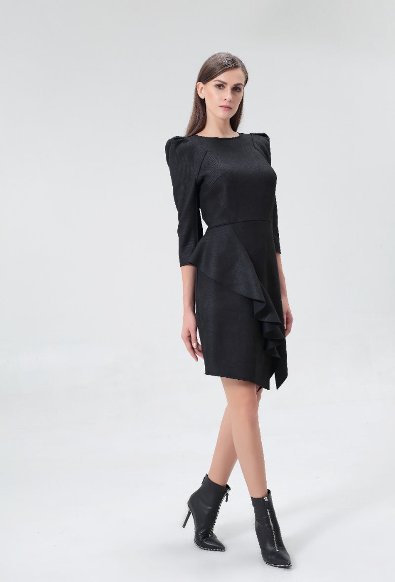 Fitted structure dress with front ruffle in stretch suede, little black dress