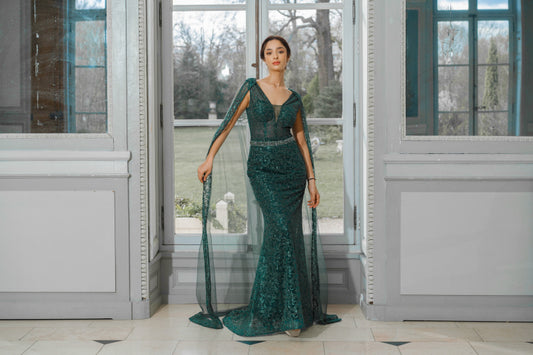 Long evening dress with Attachable Cape