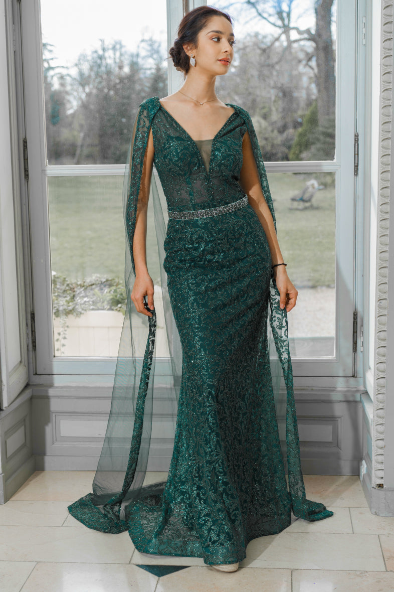 Long evening dress with Attachable Cape