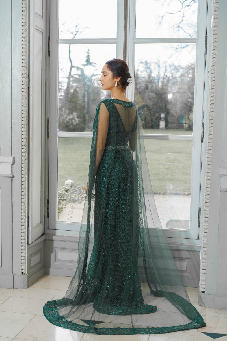 Long evening dress with Attachable Cape