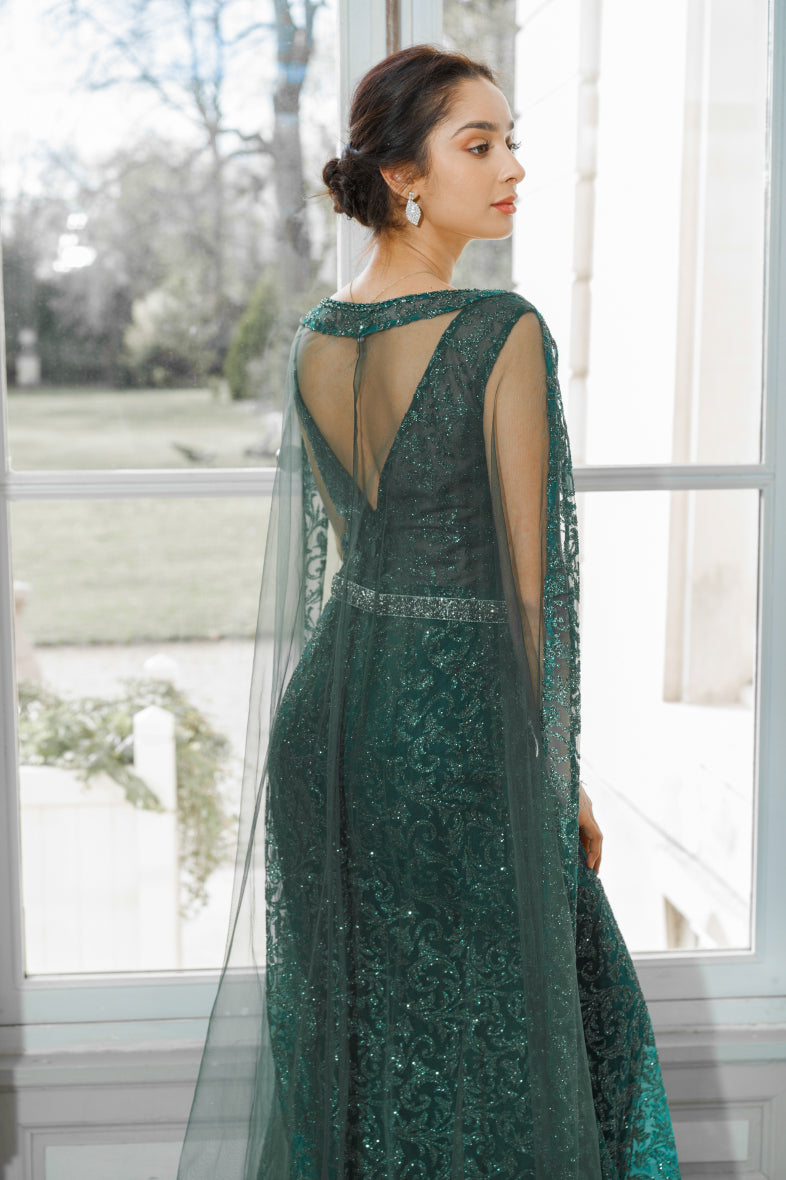 Long evening dress with Attachable Cape